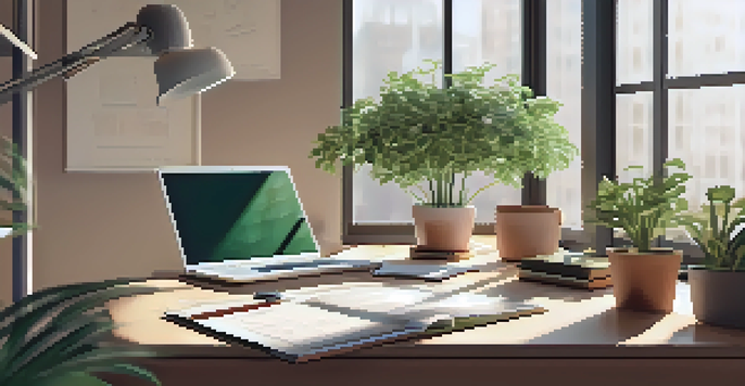 A modern office setup with a wooden desk, a laptop displaying financial data, and a potted plant, illuminated by morning light.