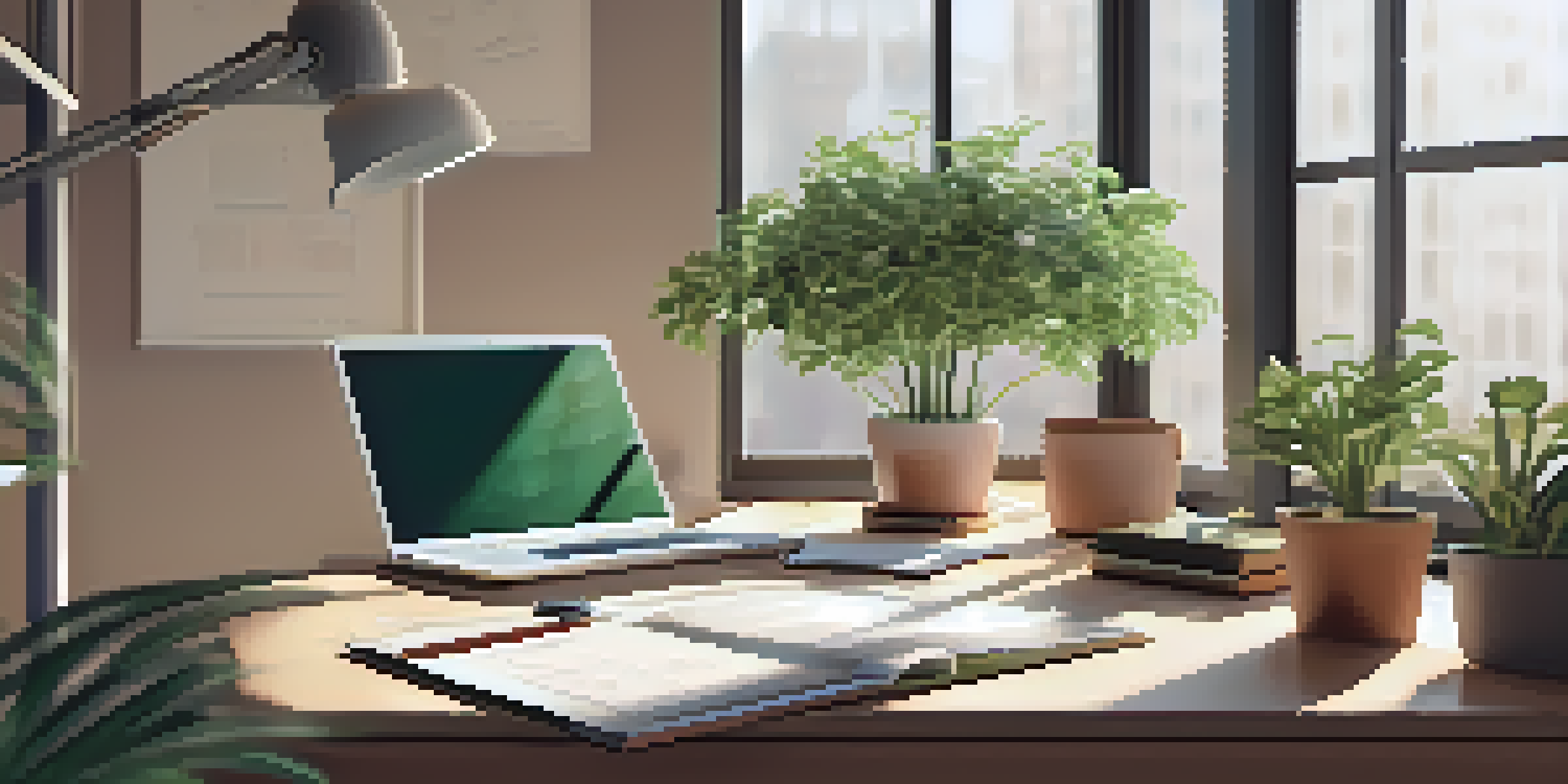 A modern office setup with a wooden desk, a laptop displaying financial data, and a potted plant, illuminated by morning light.
