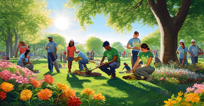 A diverse group of volunteers planting trees in a green park, smiling and working together under the sunlight.