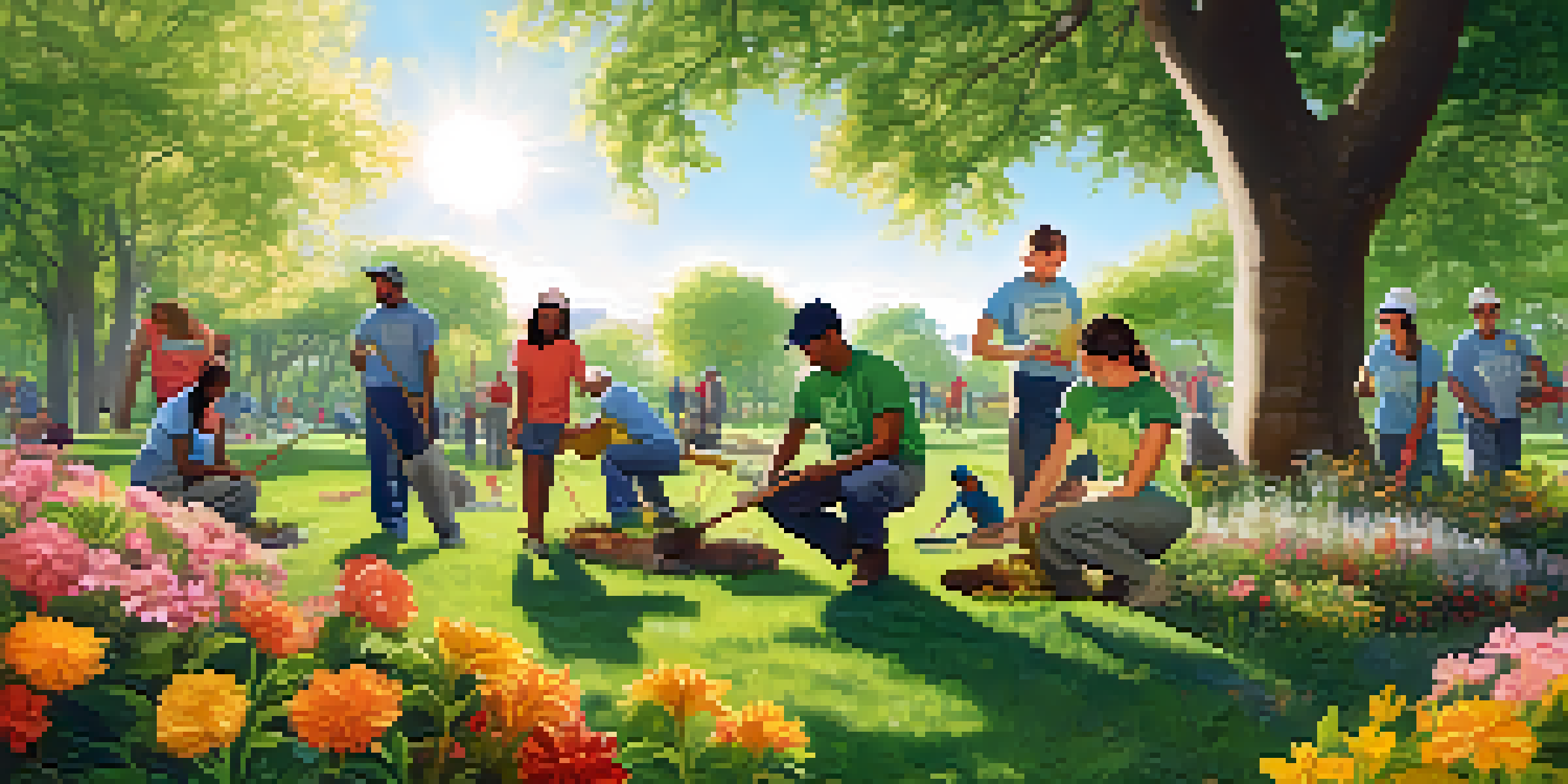 A diverse group of volunteers planting trees in a green park, smiling and working together under the sunlight.