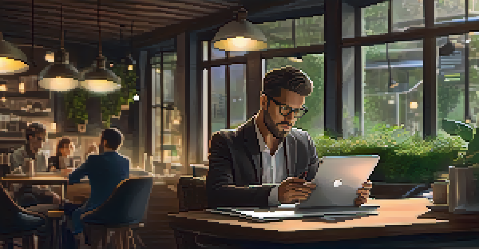 An entrepreneur in a café reviewing plans on a tablet, with a notepad and plants in the background.