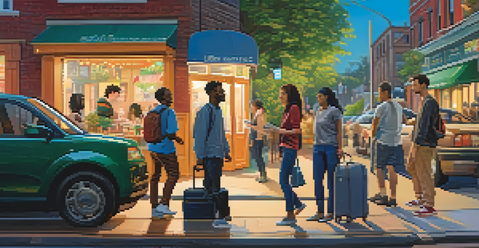 A busy city street with an Uber driver helping a passenger, an Airbnb host by a door, and people using mobile devices.