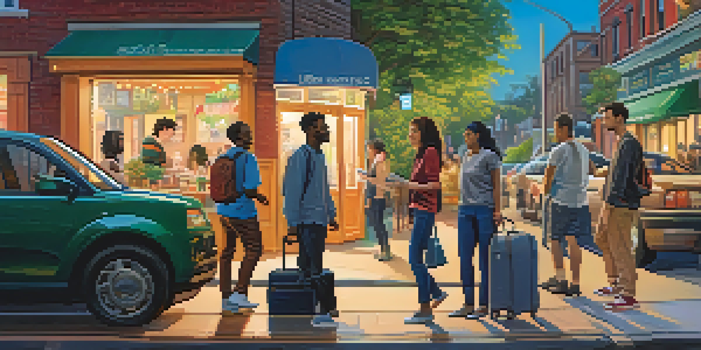A busy city street with an Uber driver helping a passenger, an Airbnb host by a door, and people using mobile devices.