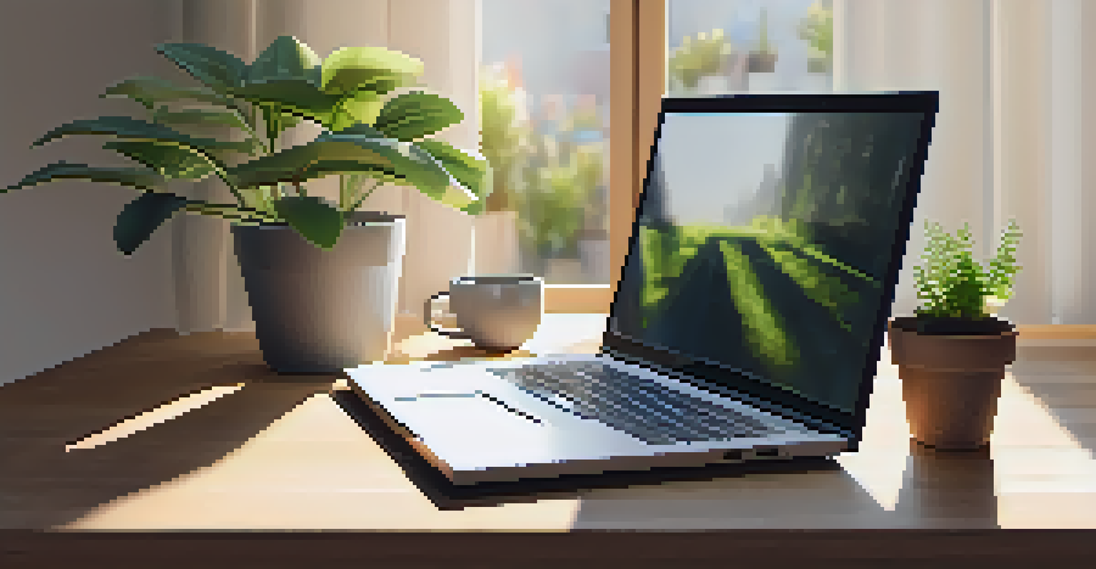 A peaceful workspace with a laptop, coffee cup, and plant on a wooden desk, illuminated by sunlight.
