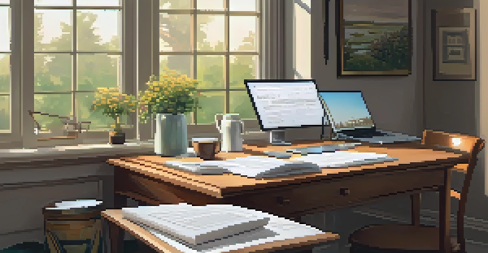 A cozy home office with a wooden desk, laptop, and items related to tax preparation, illuminated by a warm desk lamp.