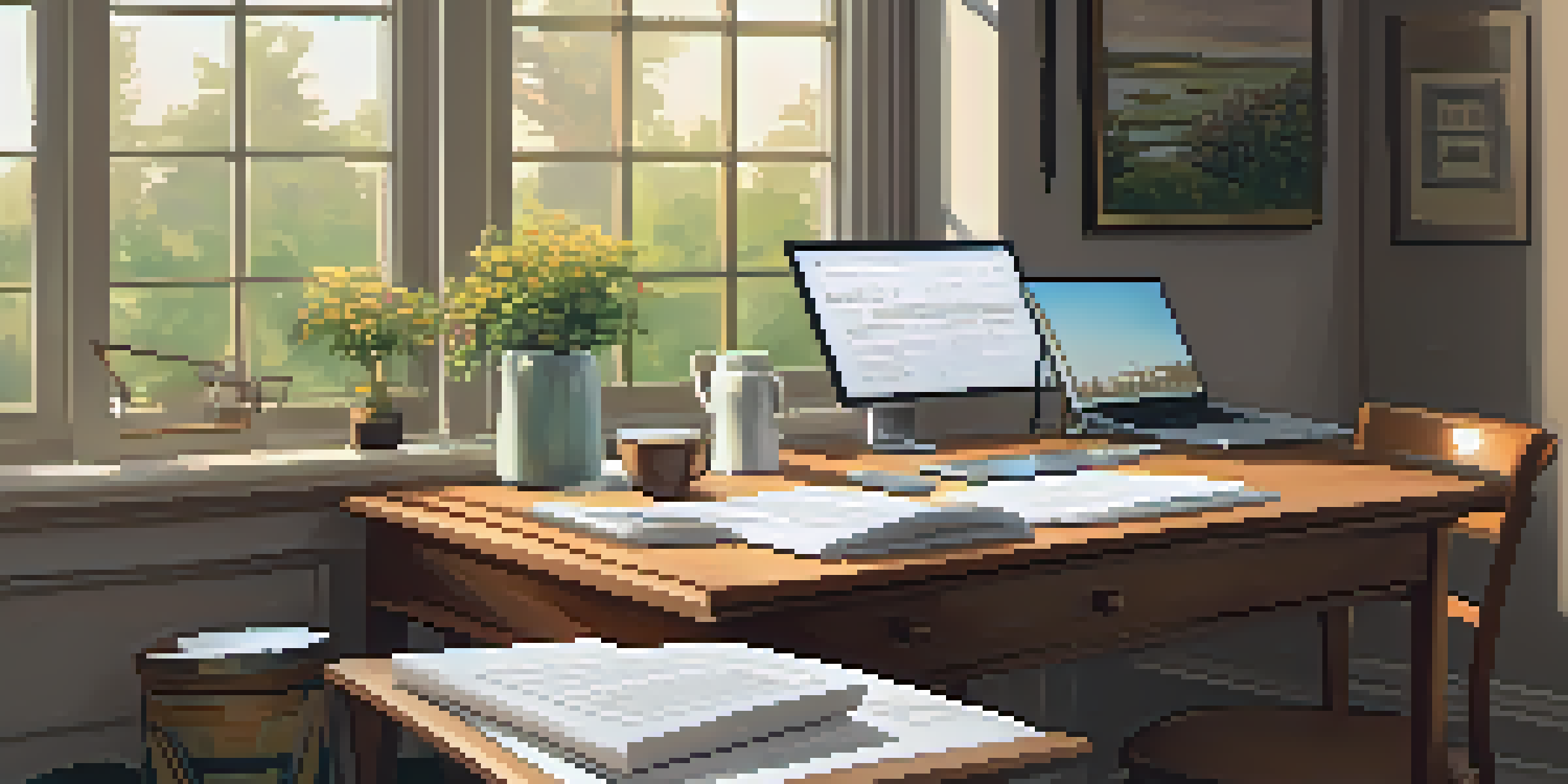 A cozy home office with a wooden desk, laptop, and items related to tax preparation, illuminated by a warm desk lamp.