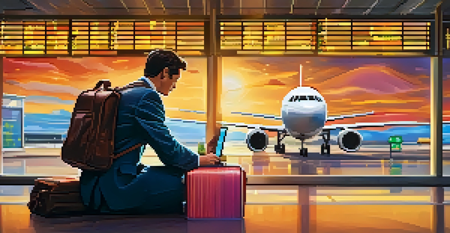 A traveler standing at an airport with a suitcase, checking their travel itinerary on a smartphone.