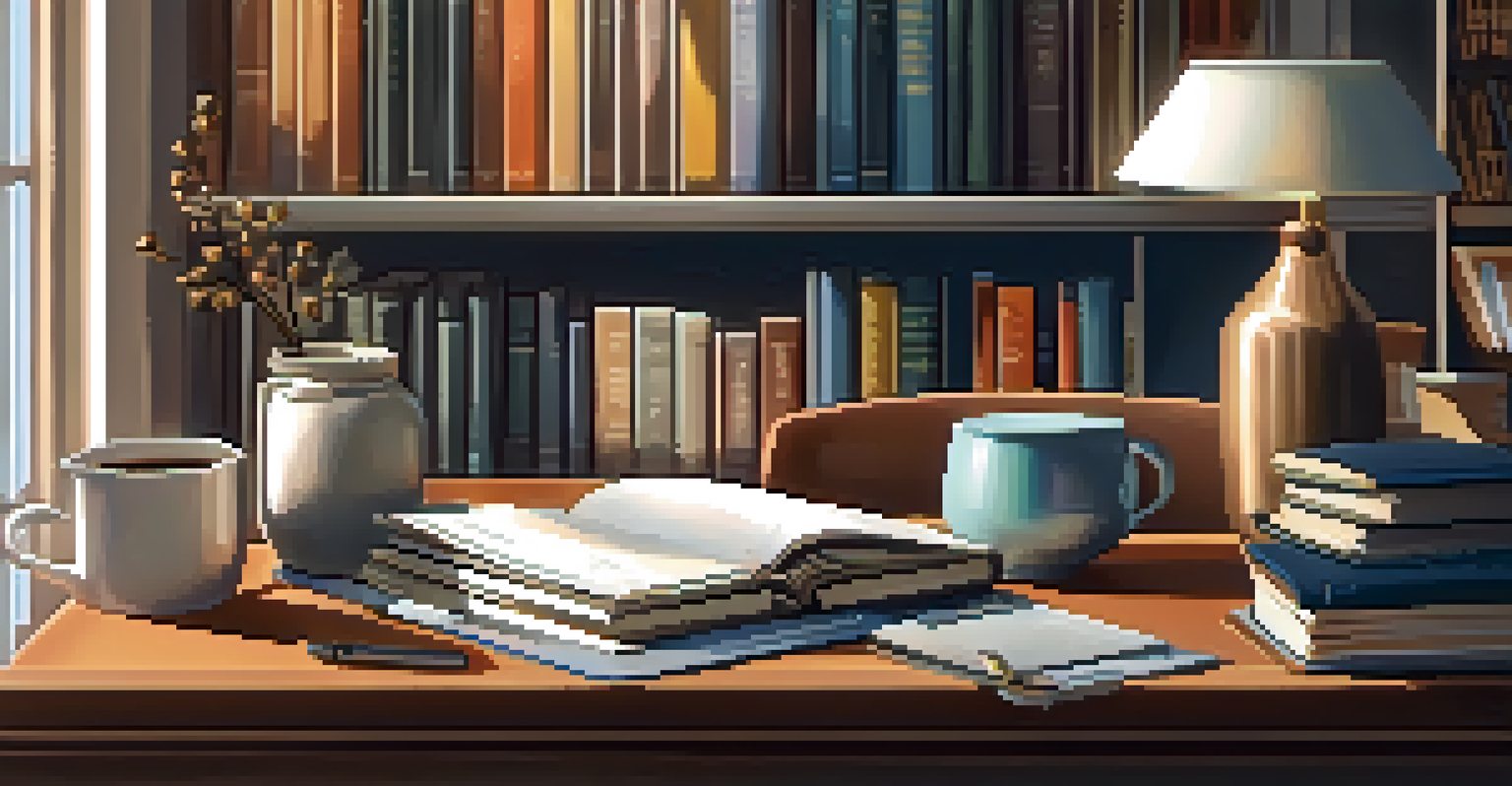 A well-organized home office desk with stationery, a planner, and a cup of coffee.