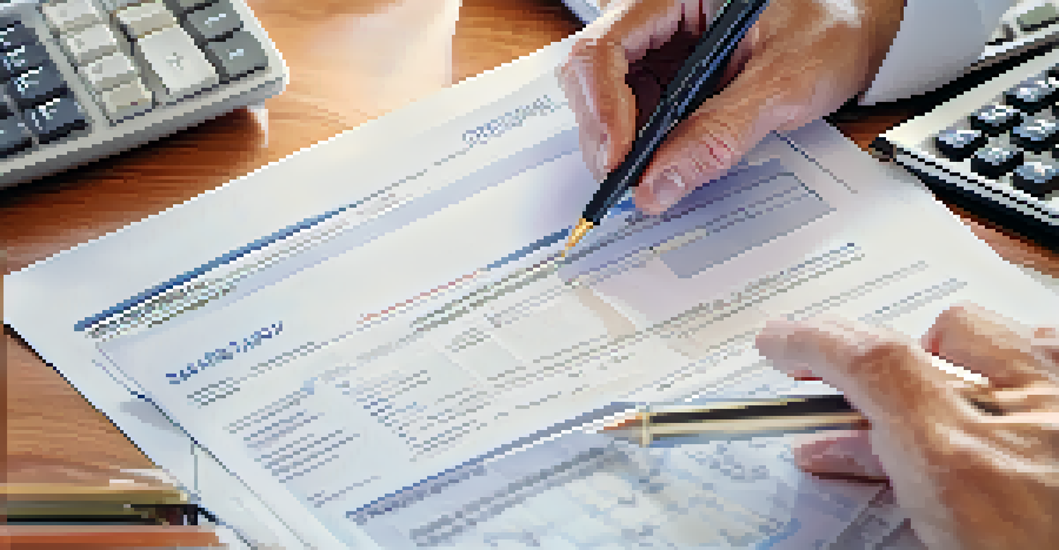 A close-up of hands holding an estate planning document with highlighted sections, with financial papers in the background.