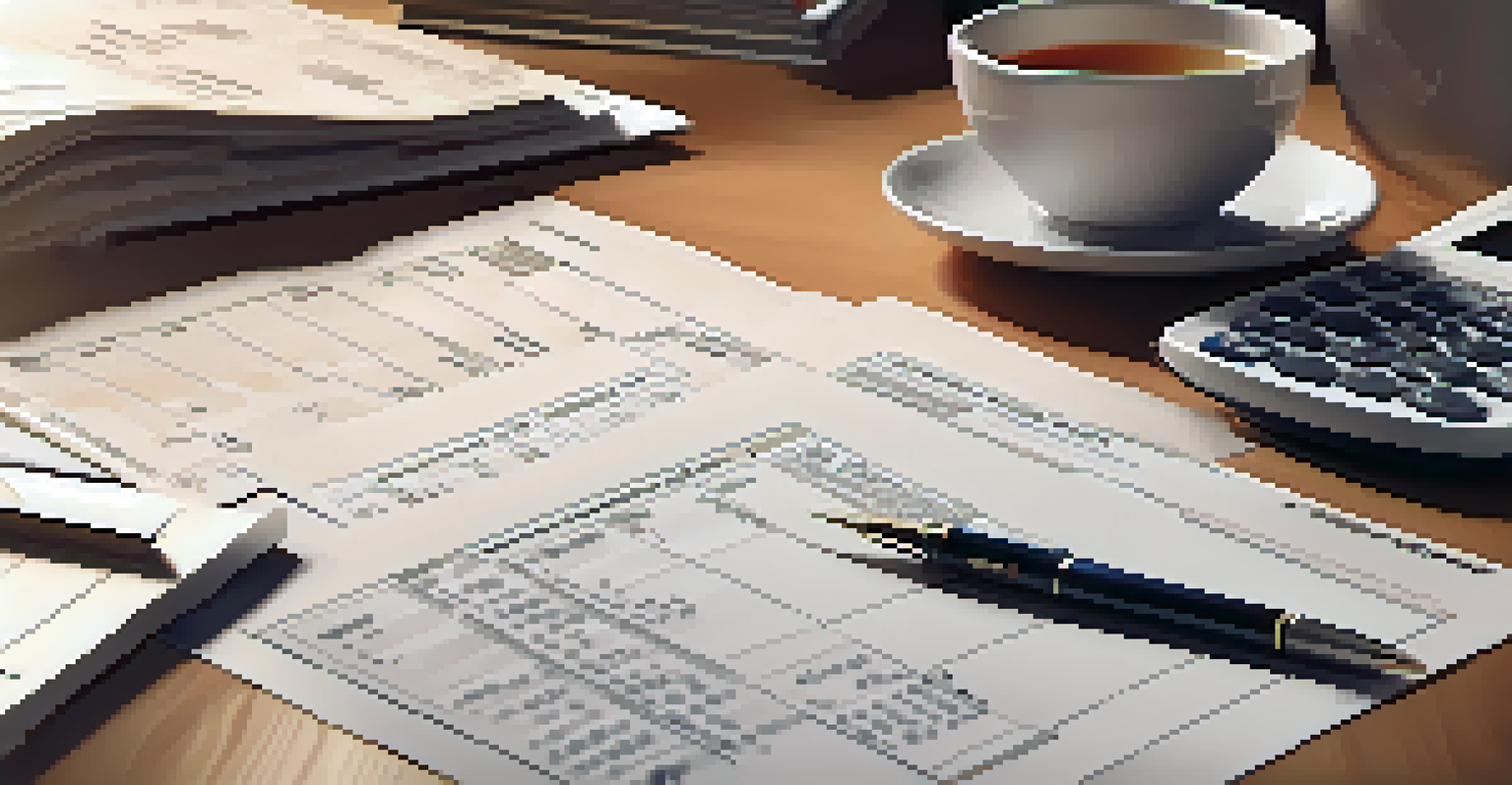 A close-up view of tax documents, a calculator, and a cup of tea on a desk, conveying financial planning.