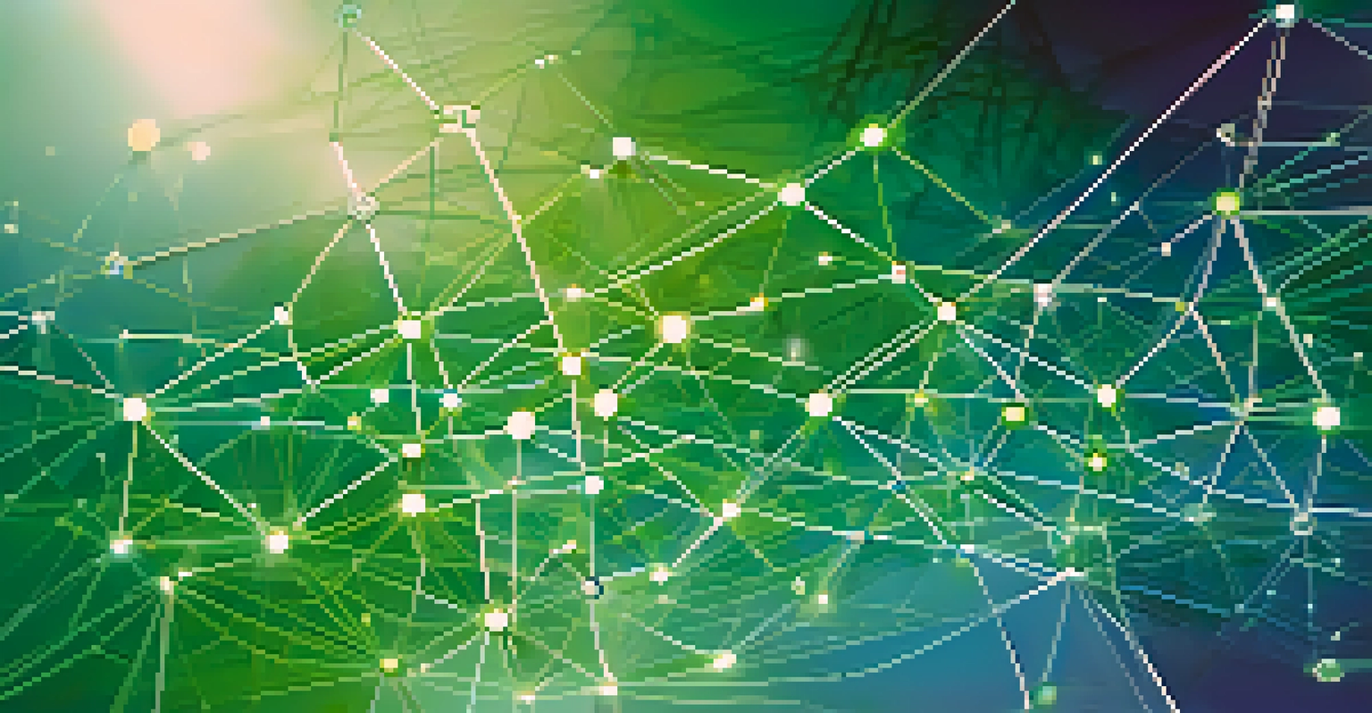 An abstract digital economy illustration with interconnected nodes and glowing elements in blue and green.