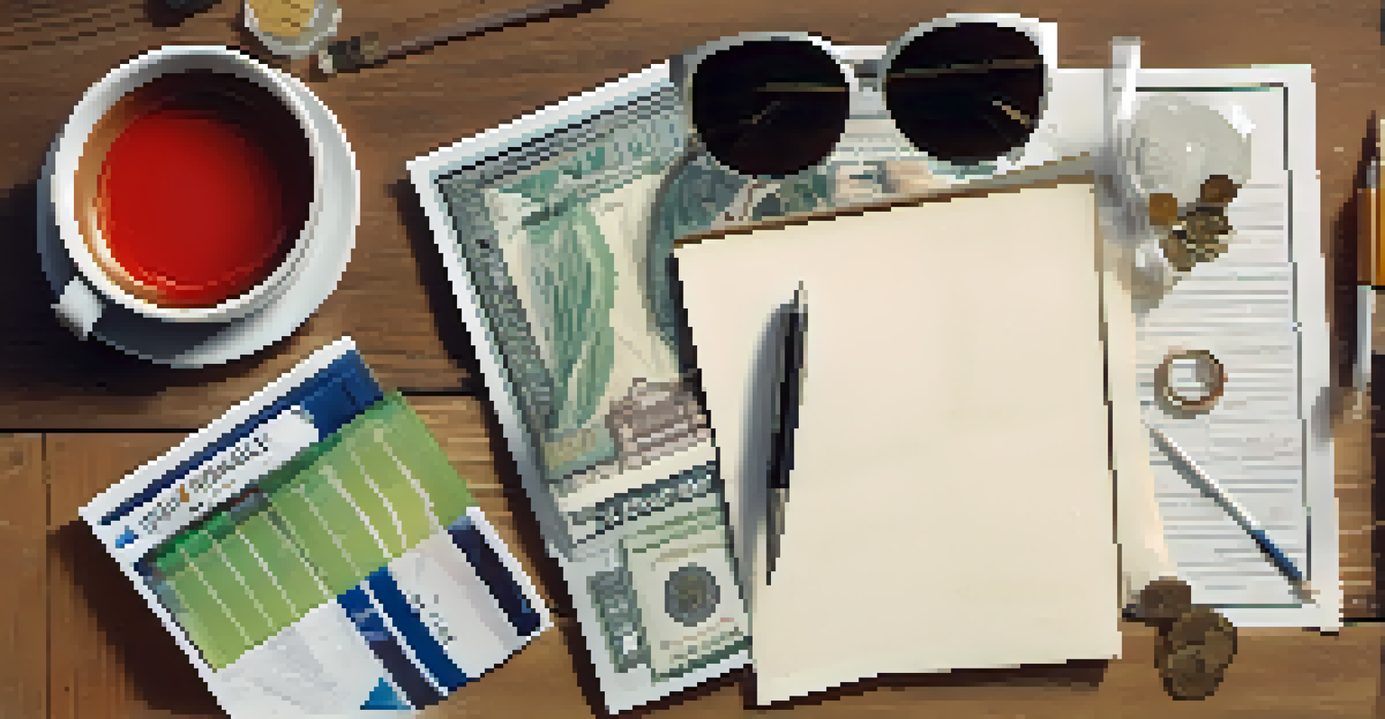 A flat lay of donation items like cash, stocks, and real estate documents on a wooden table, with soft natural light enhancing the scene.