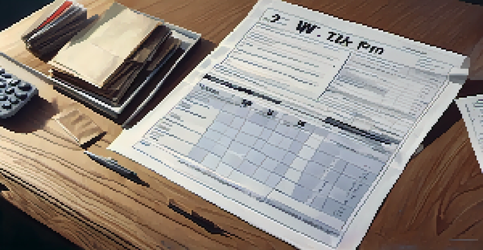 A close-up view of a W-2 tax form on a wooden desk with a pen and calculator, illuminated by soft natural light.