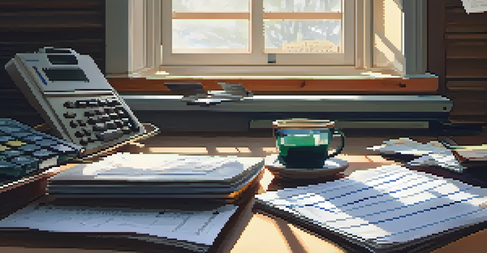 A desk with a laptop, notepad, calculator, and receipts, illuminated by sunlight.