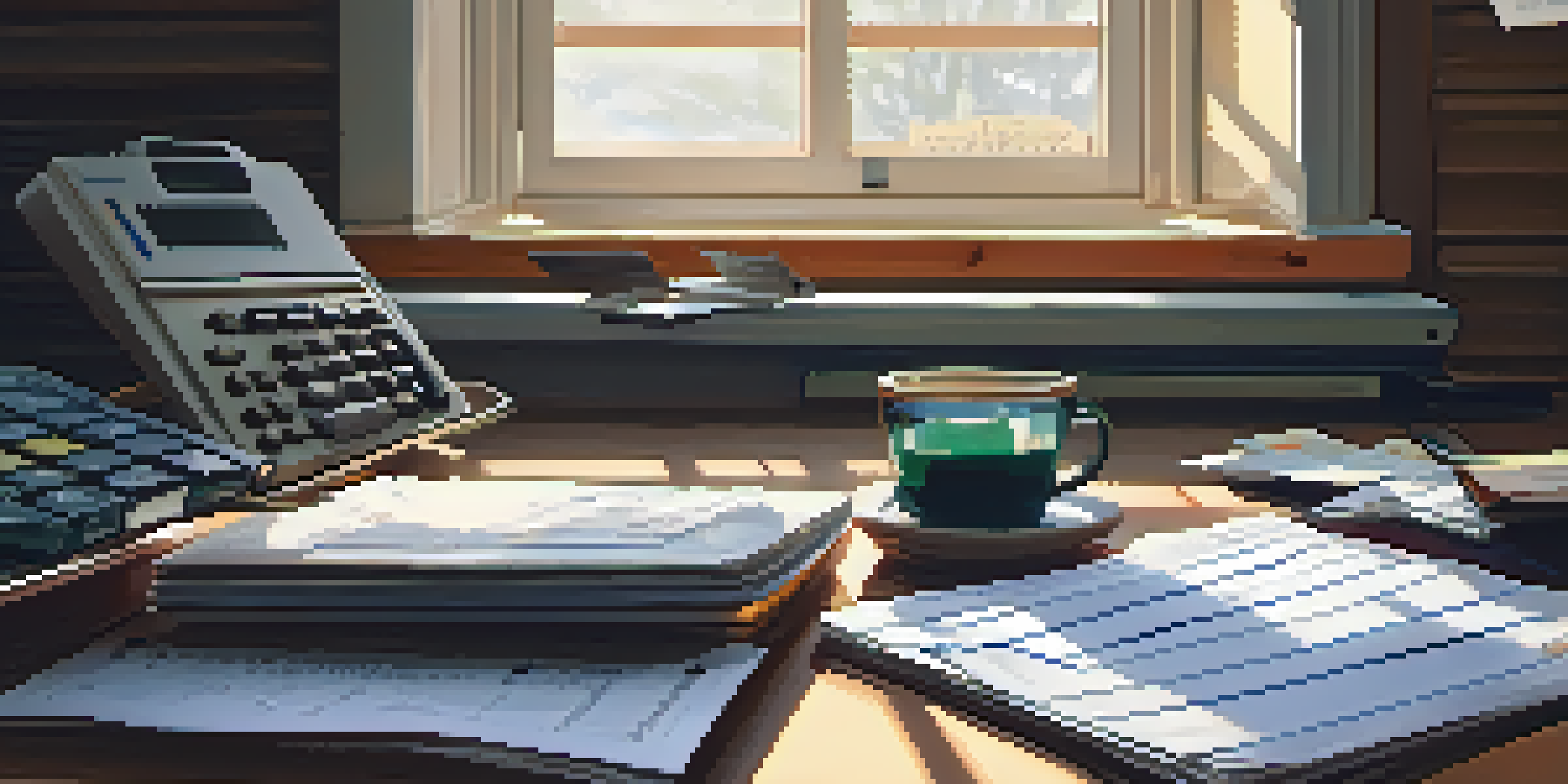 A desk with a laptop, notepad, calculator, and receipts, illuminated by sunlight.