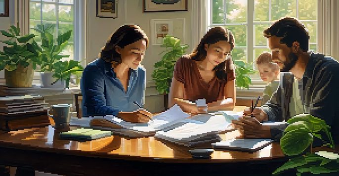 A family discussing financial documents related to inheritance, with soft sunlight illuminating their focused expressions and a cluttered table of papers and a laptop.