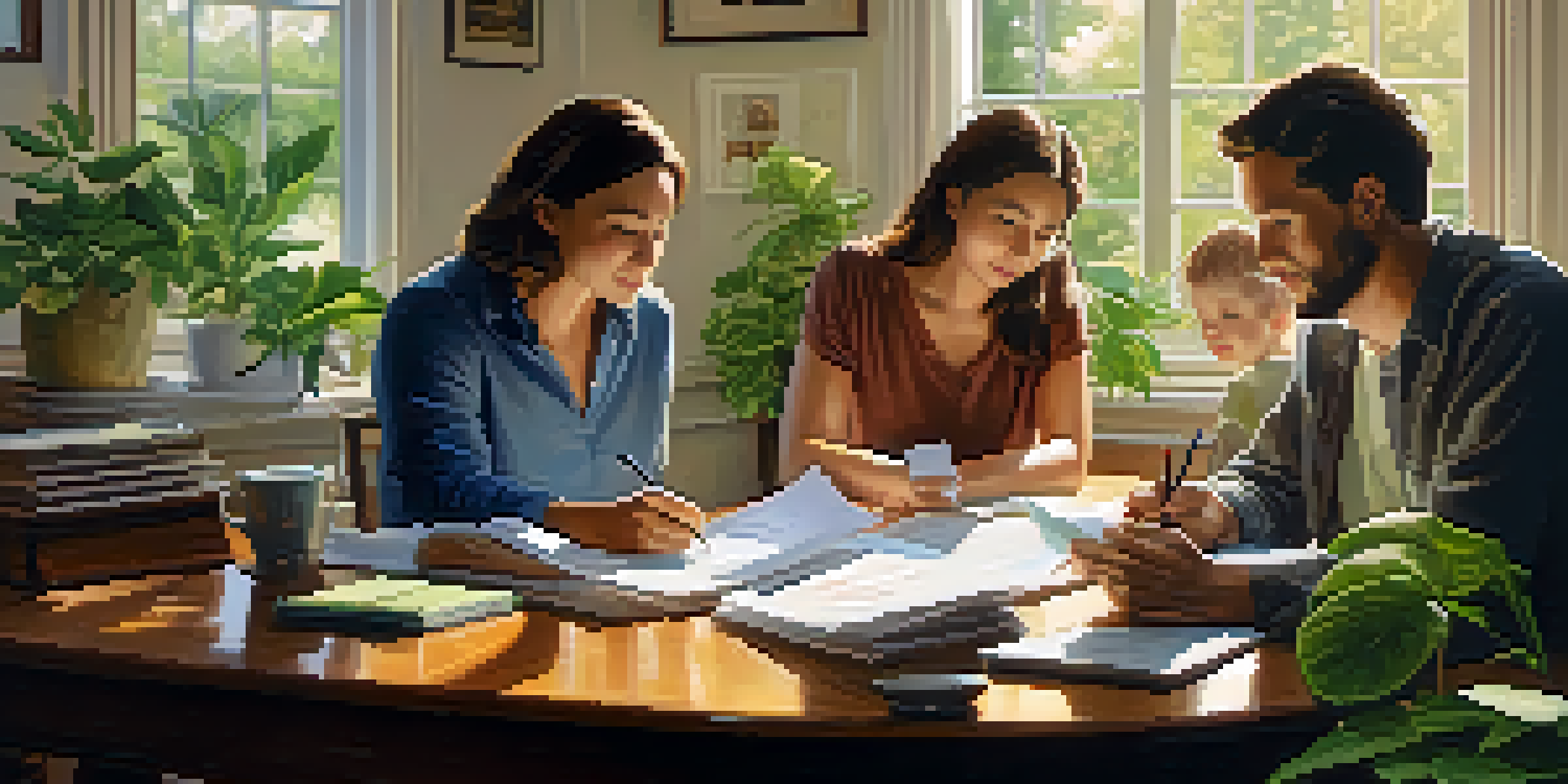A family discussing financial documents related to inheritance, with soft sunlight illuminating their focused expressions and a cluttered table of papers and a laptop.