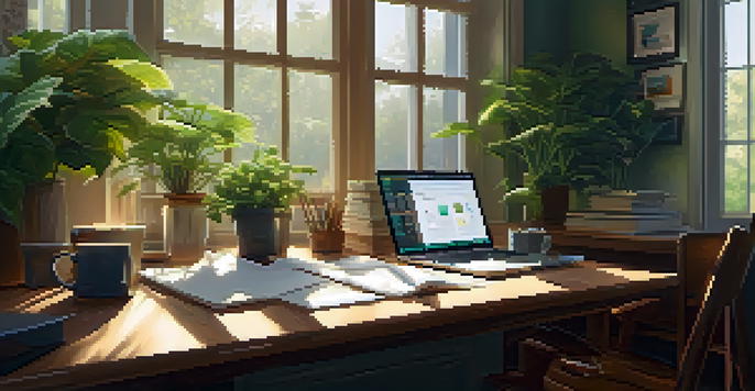 A warm and inviting home office with a desk, laptop, paperwork, and a cup of coffee, illuminated by sunlight from a window.
