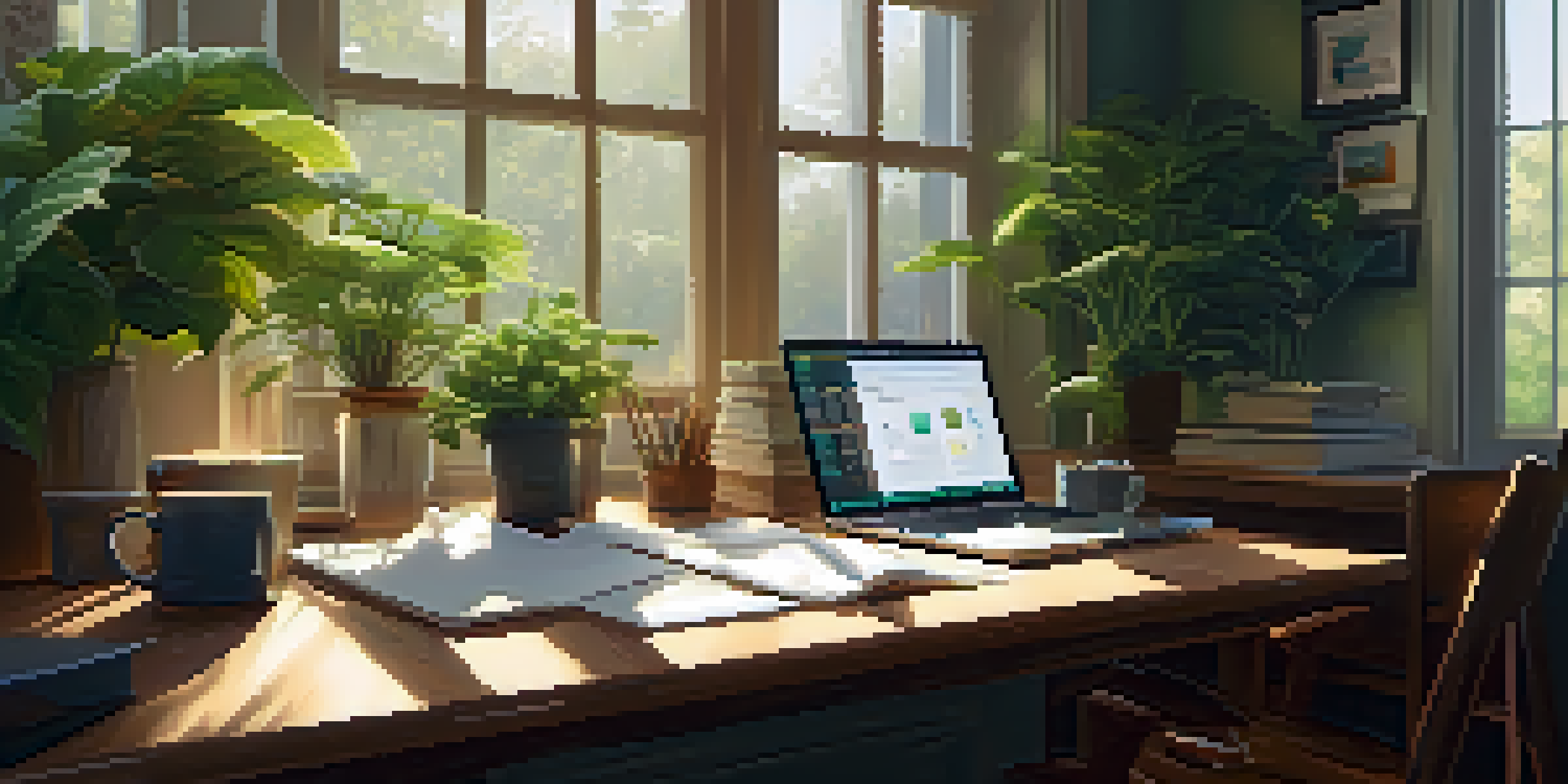 A warm and inviting home office with a desk, laptop, paperwork, and a cup of coffee, illuminated by sunlight from a window.