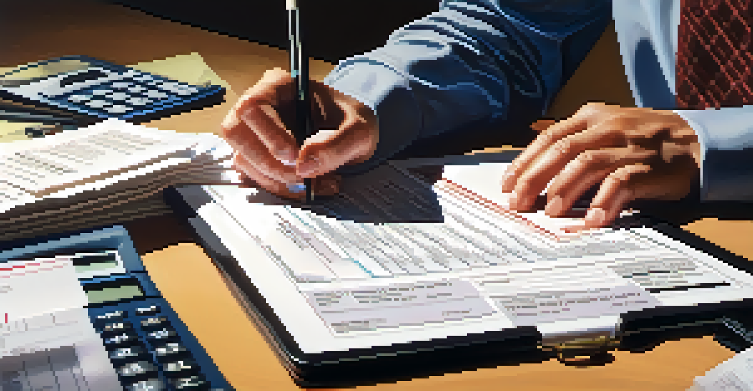 A close-up of hands filling out a tax return form with a calculator and documents on a desk, illuminated by soft lighting.