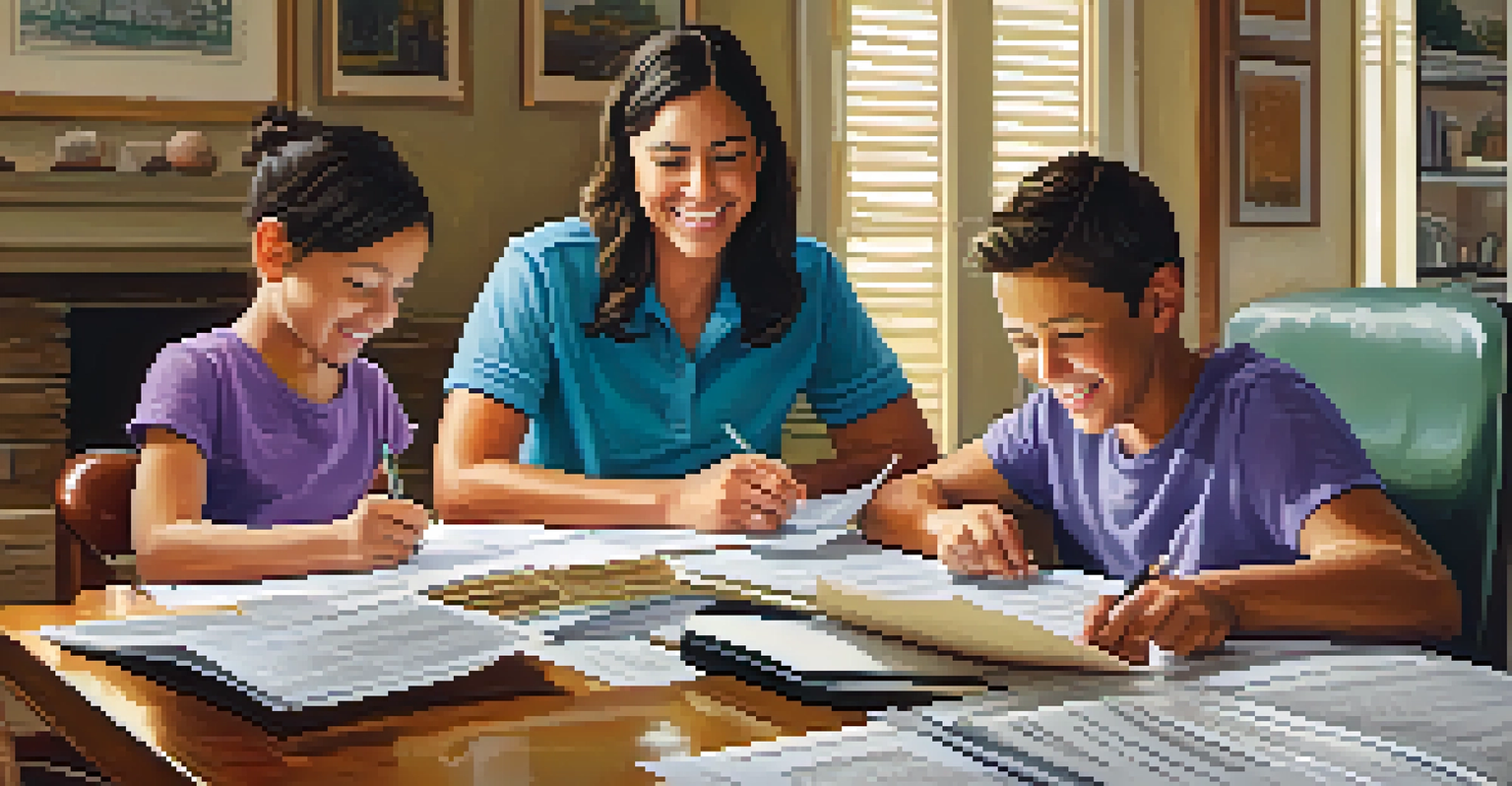 A family happily discussing tax documents at a dining table with a laptop and papers spread out, creating a warm and engaging atmosphere.