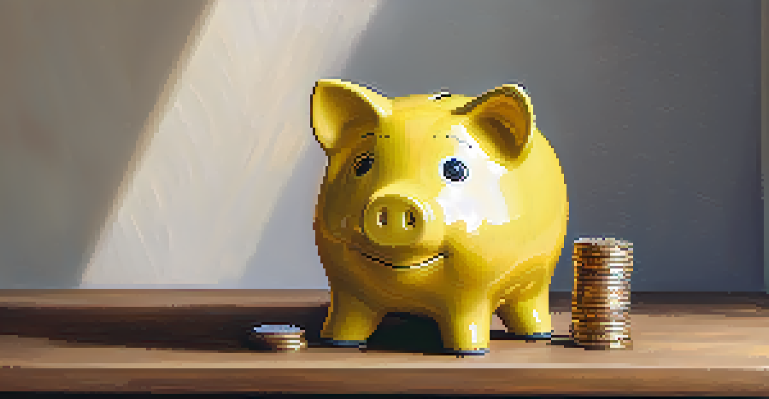 A cheerful yellow piggy bank on a wooden table with scattered coins and soft afternoon light.