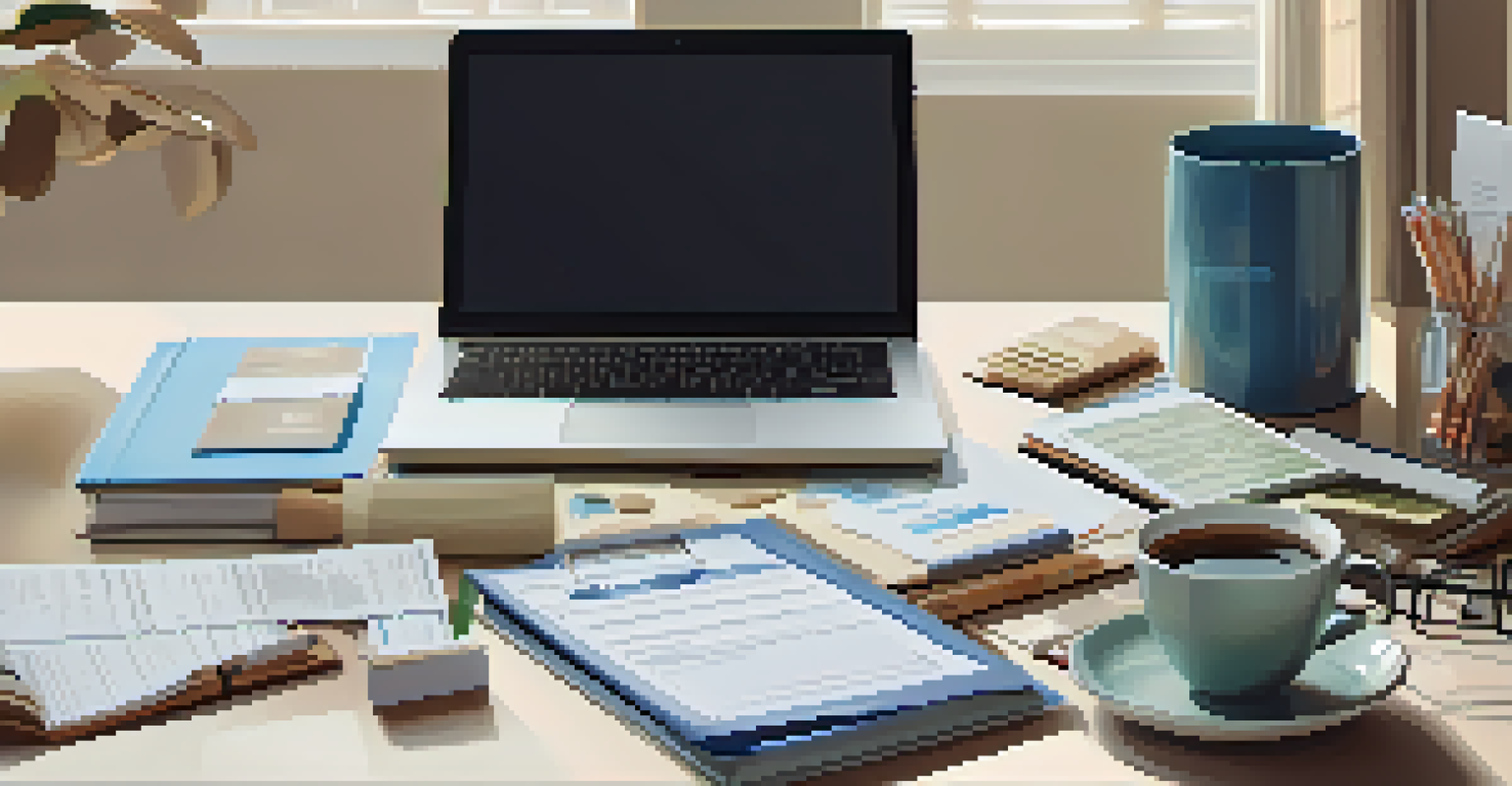 A tidy home office with a corkboard of tax documents, a coffee mug, and financial books, illuminated by natural light.