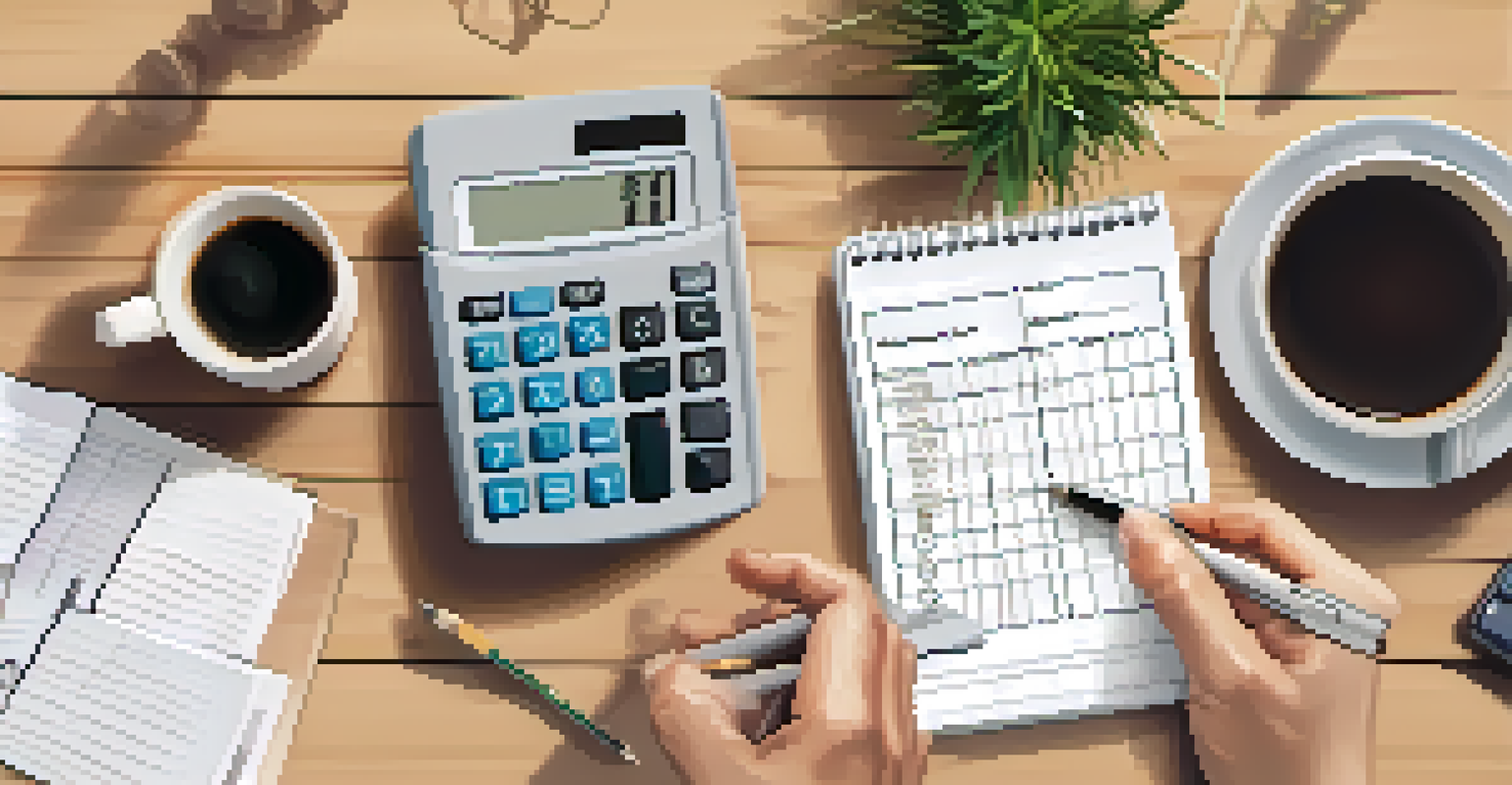 Close-up of hands holding a calculator and notepad in a cozy home office setting.
