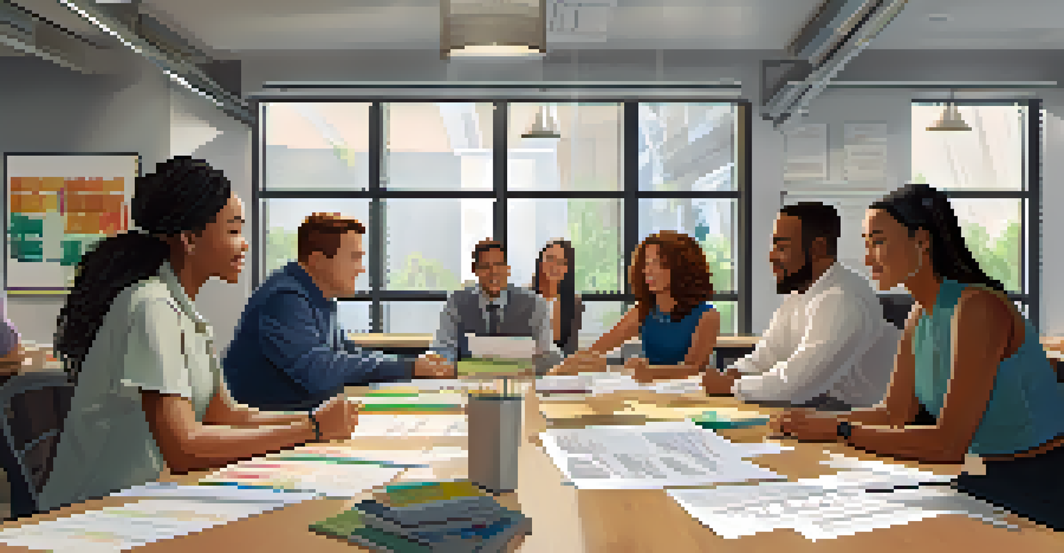 A diverse nonprofit team gathered around a table discussing strategies in a well-lit office with motivational posters.