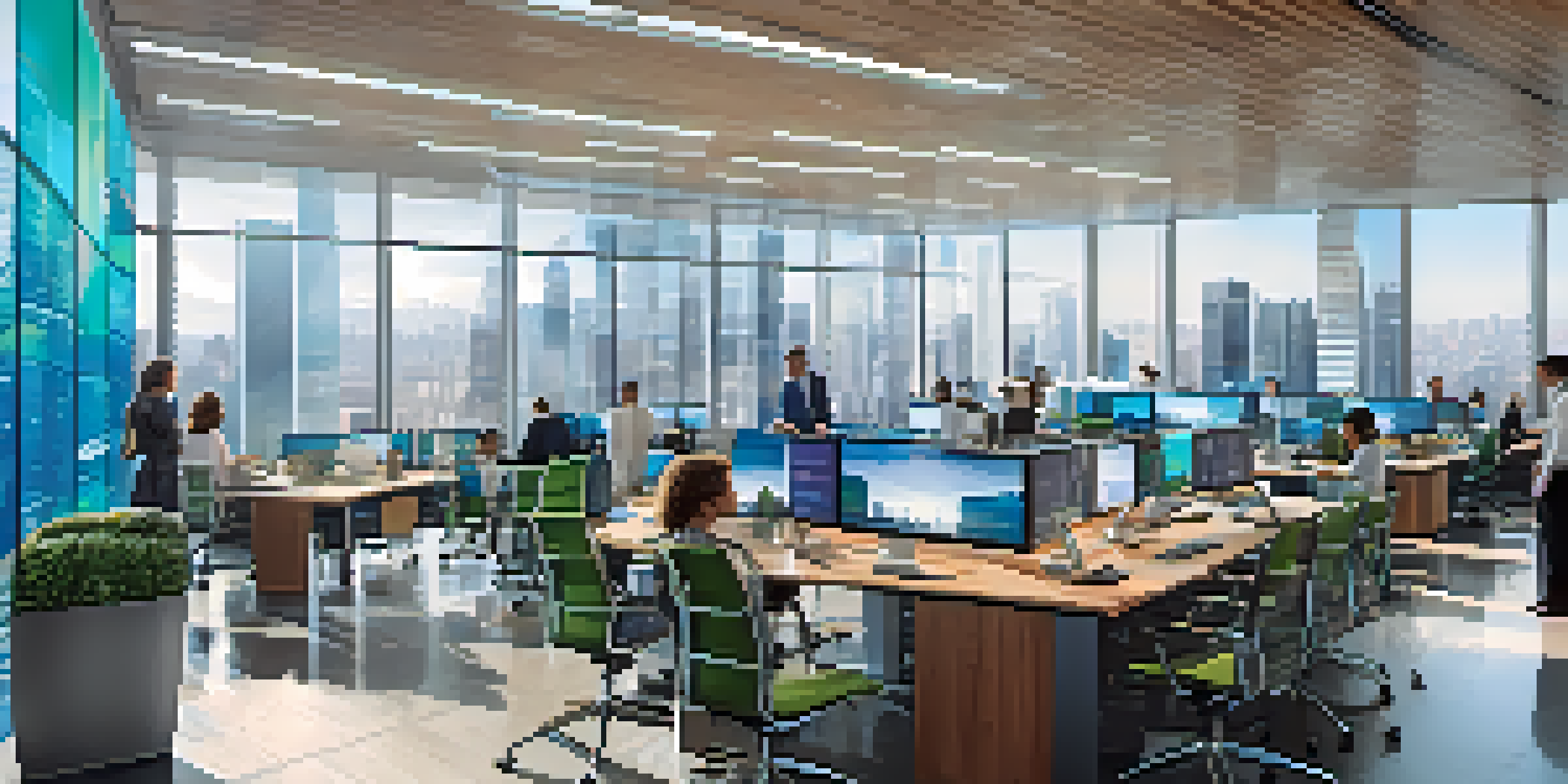 A diverse group of employees collaborating in a bright conference room with digital screens and a city skyline view.
