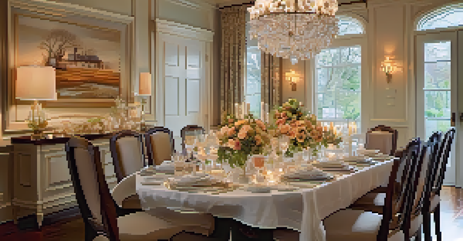 A formal dining table elegantly set with fine china and candles, creating a warm and inviting atmosphere.