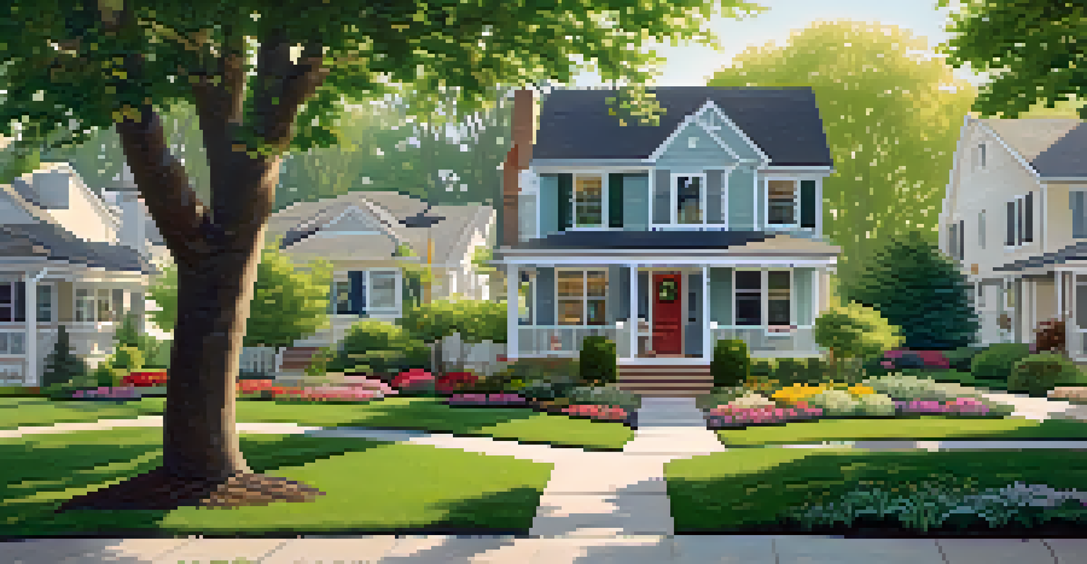 A peaceful suburban neighborhood with families engaged in yard work and blooming gardens.