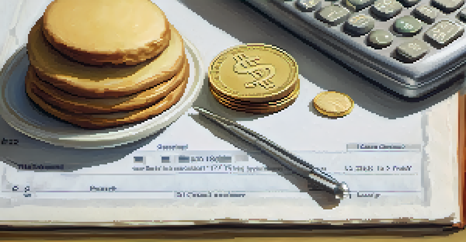 A ledger and coins next to a cake, illustrating traditional savings and taxes.