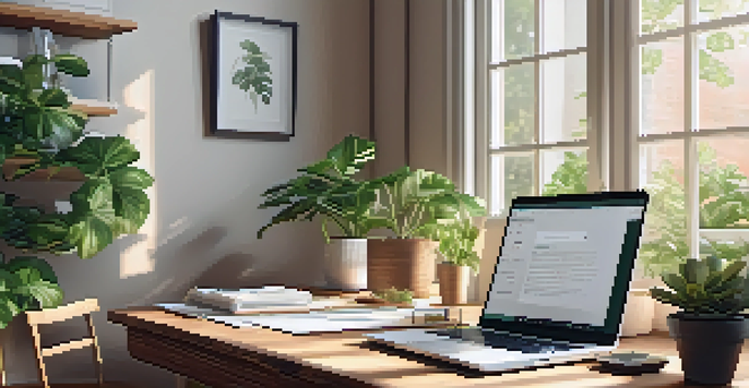 A warm and inviting home office with a laptop, papers, coffee, and a plant, all bathed in natural light.
