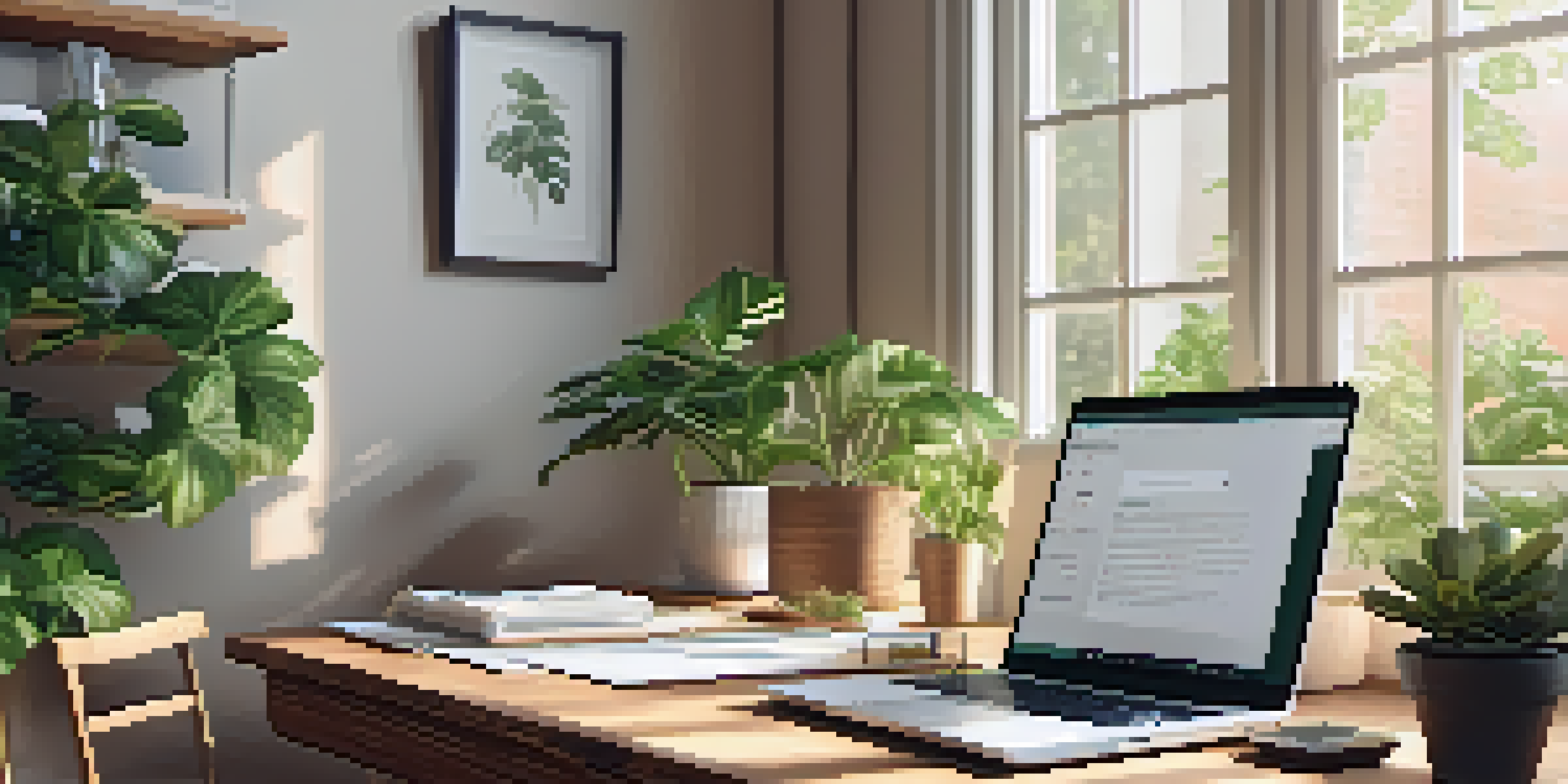 A warm and inviting home office with a laptop, papers, coffee, and a plant, all bathed in natural light.