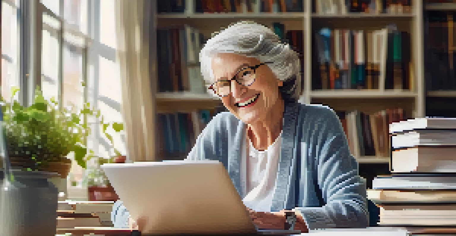An elderly woman using a laptop in a sunlit room filled with books about retirement and finance, with a cup of tea beside her.