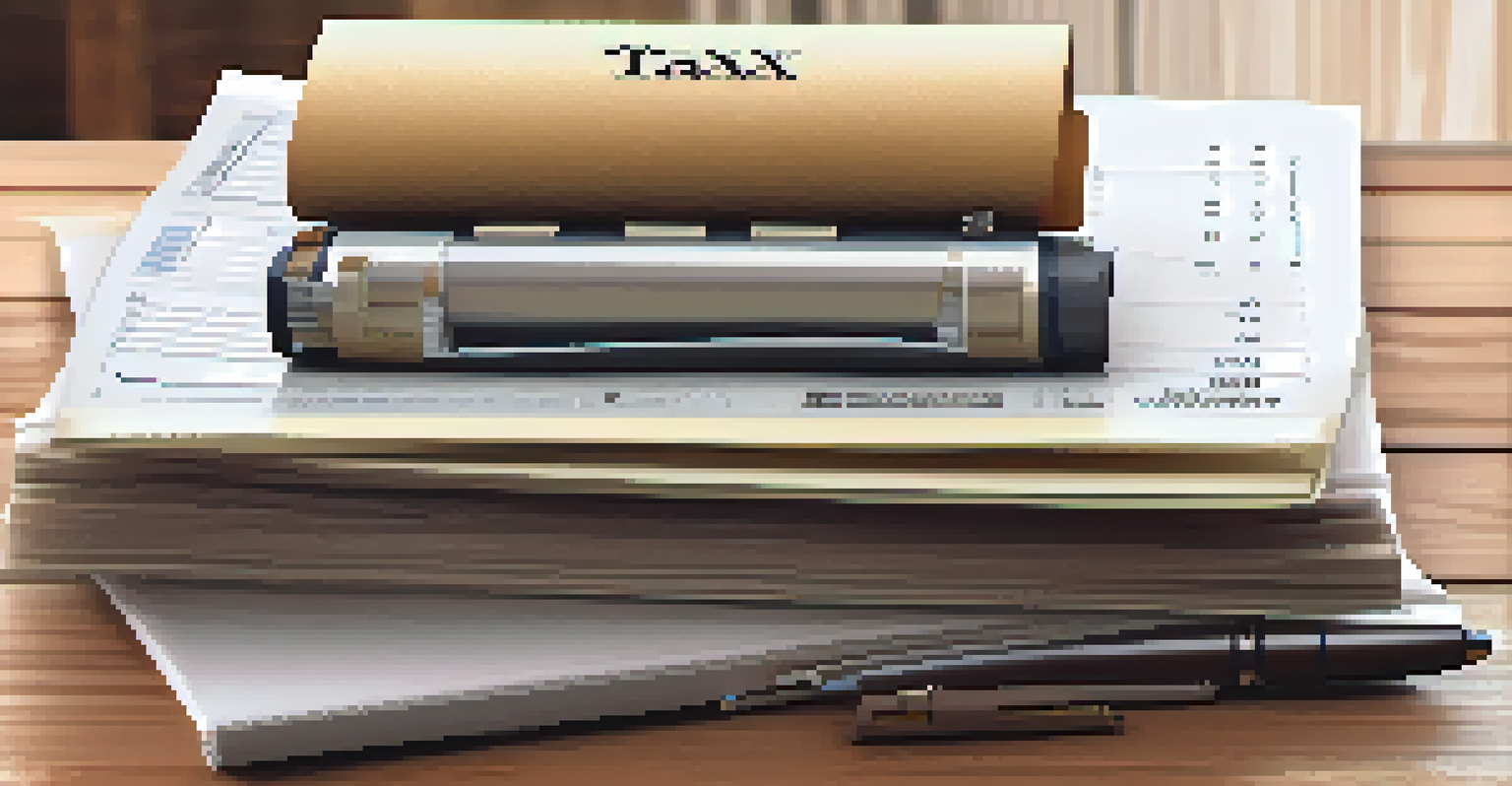 An open folder on a wooden desk filled with tax documents and a pen, illuminated by soft light.