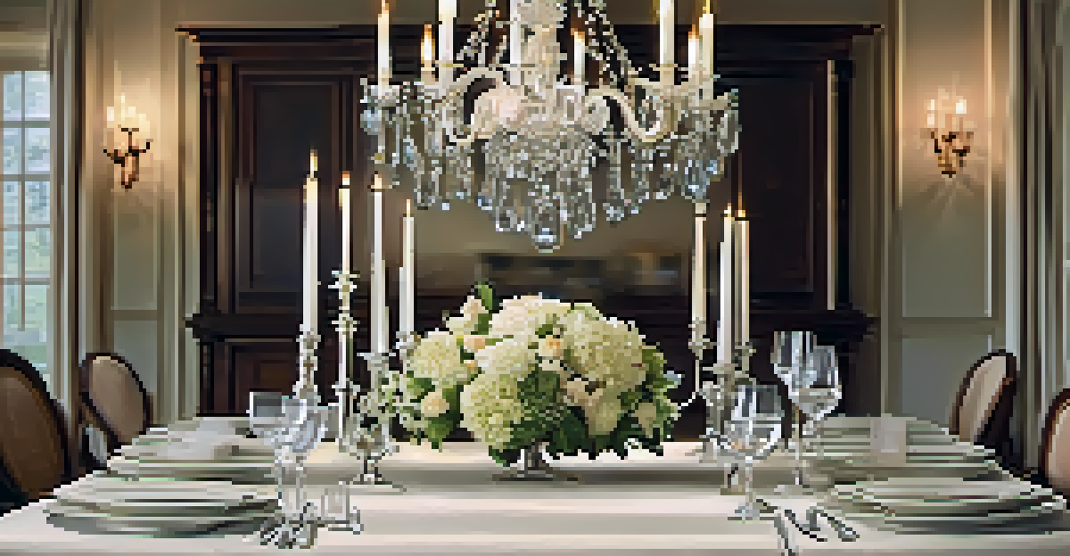 A beautifully set dining table in an elegant dining room, ready for a family gathering with floral arrangements and soft lighting.