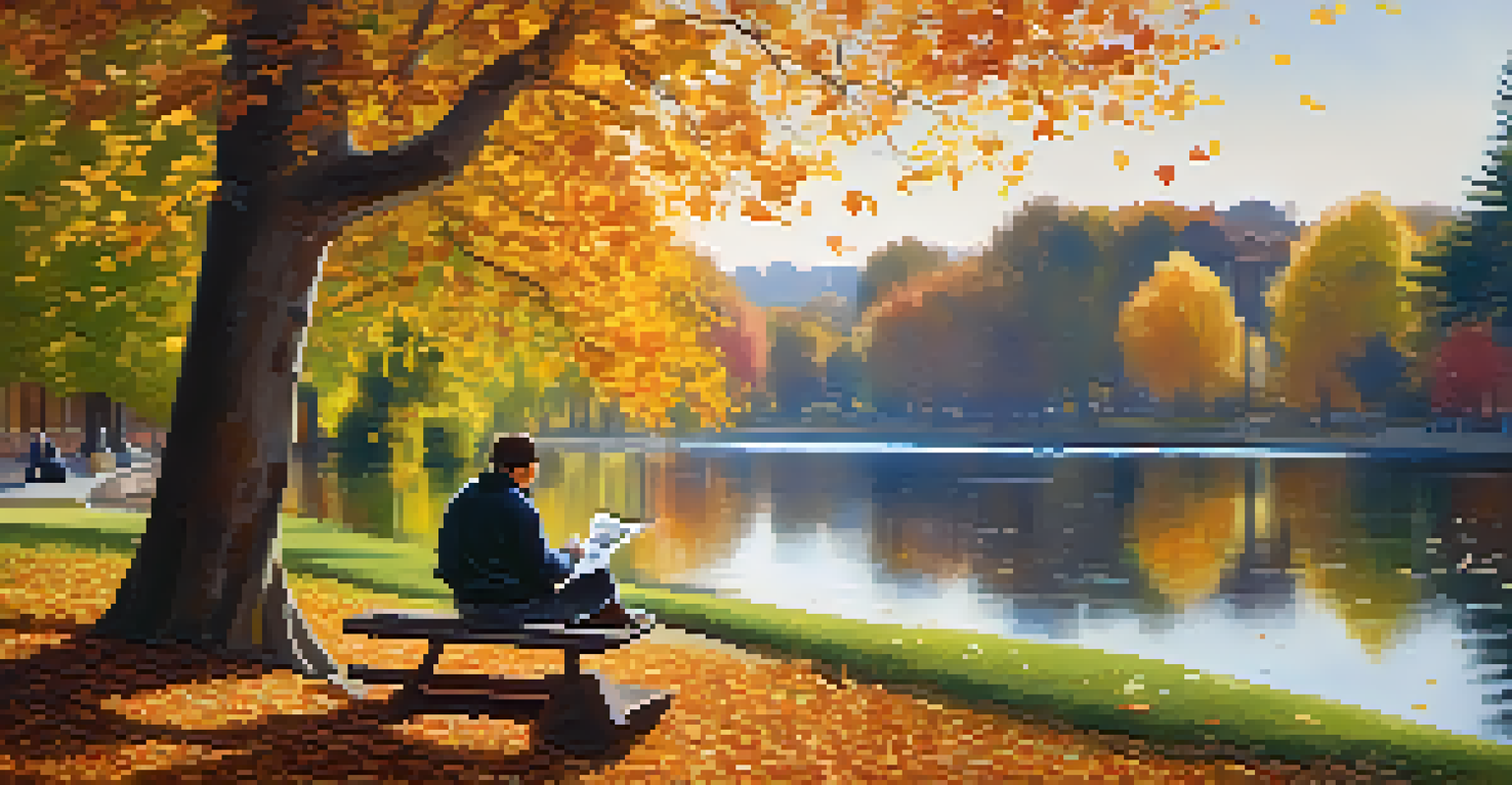 A person reading a financial magazine on a park bench surrounded by autumn leaves, a pond, and sunlight filtering through the trees.