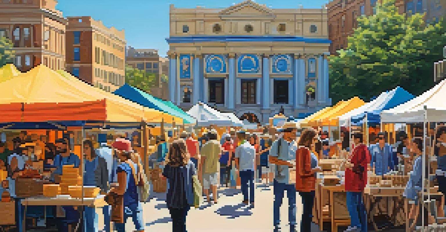 An outdoor art market with artists displaying colorful artworks at booths, surrounded by visitors enjoying the atmosphere.