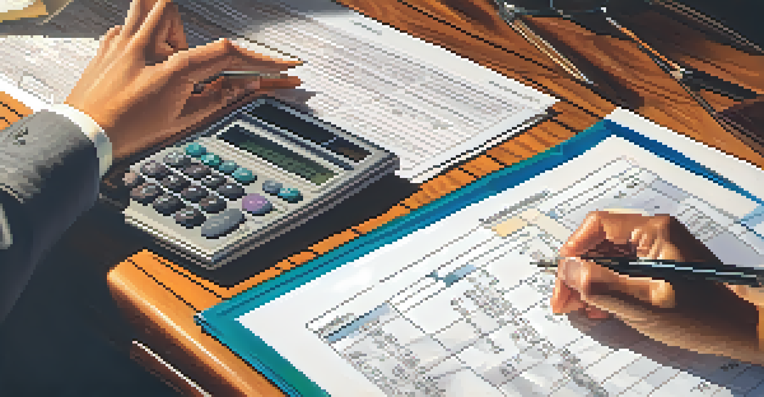 Hands using a calculator with financial documents on a wooden table, illuminated by warm sunlight.