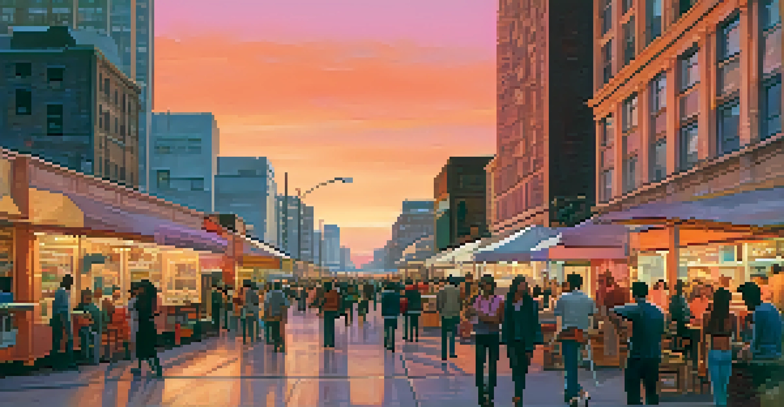A vibrant city street at sunset with people walking and colorful sky reflecting off buildings.