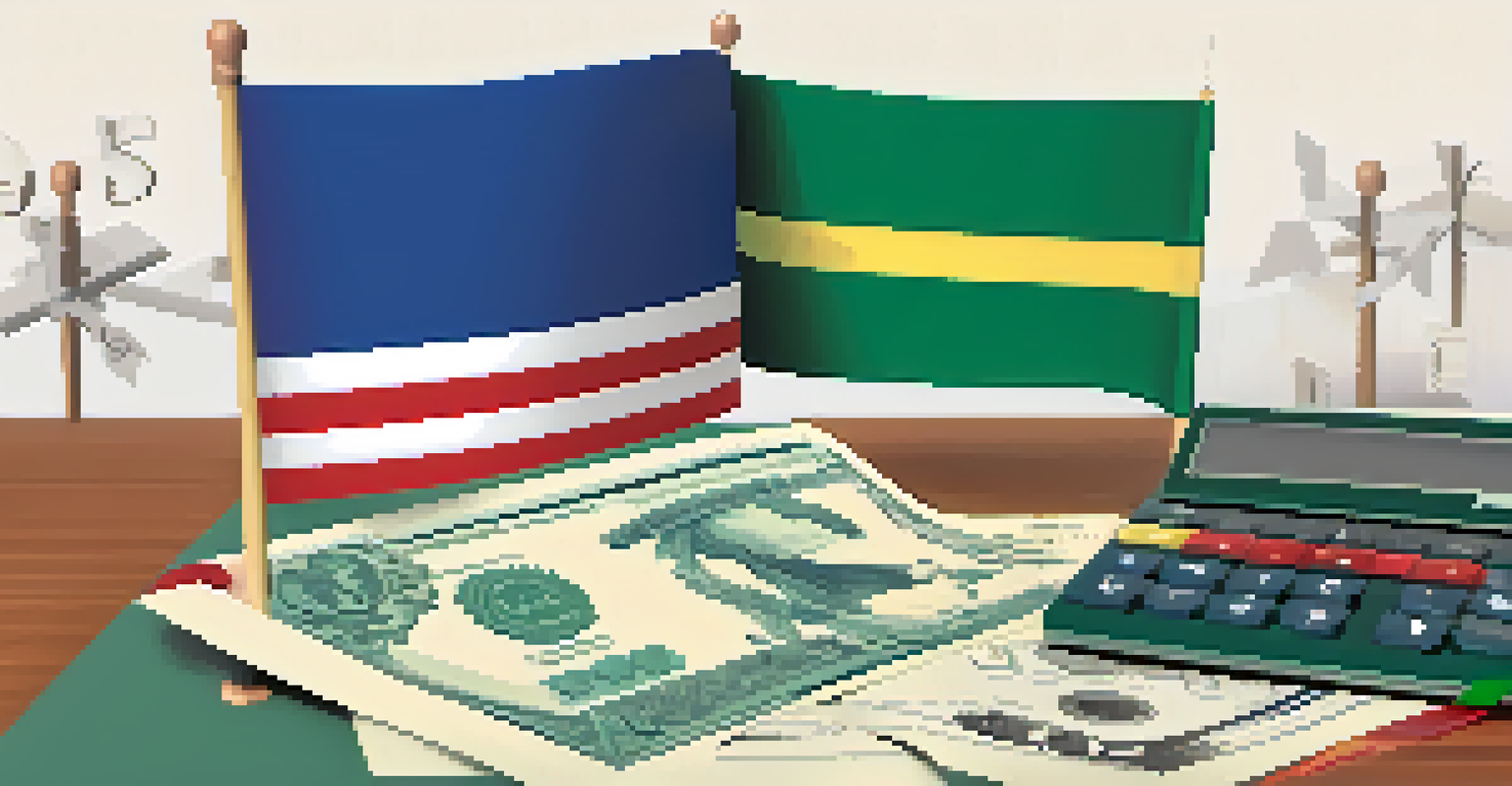 An infographic showing two country flags with arrows indicating financial flow, surrounded by tax-related symbols.