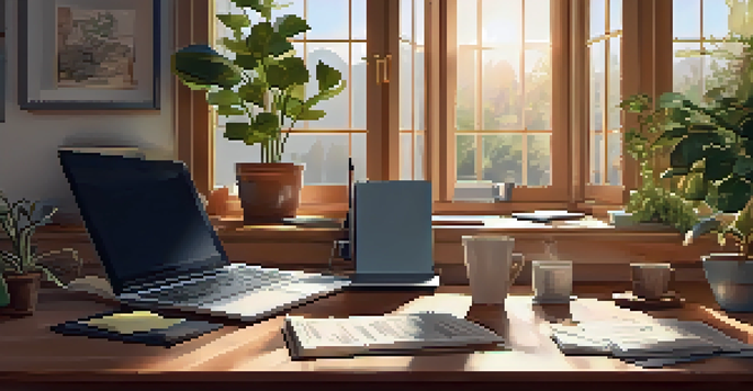 A bright home office with a wooden desk, an open laptop displaying tax software, tax documents, and a cup of coffee, with plants by the window.