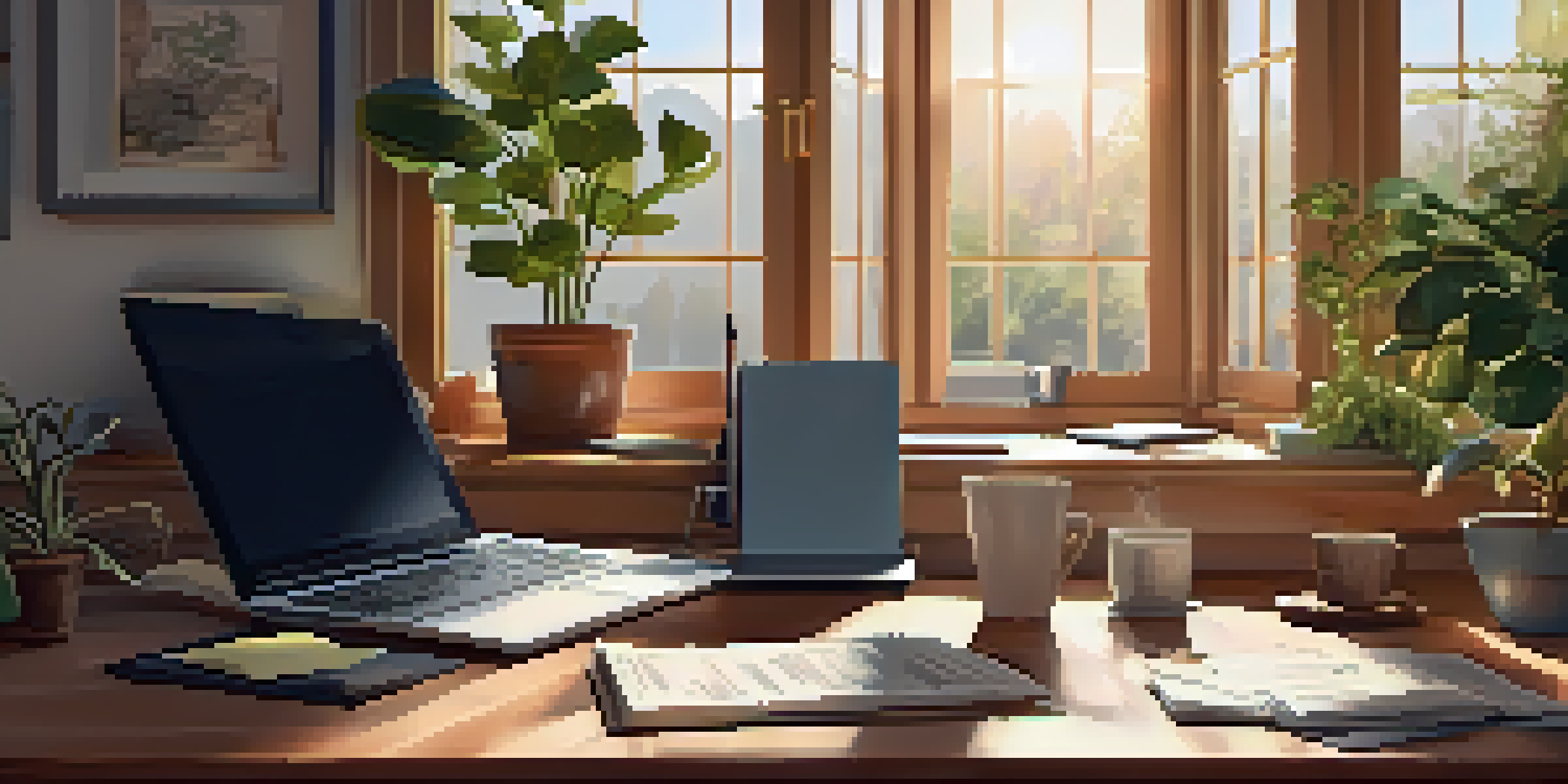 A bright home office with a wooden desk, an open laptop displaying tax software, tax documents, and a cup of coffee, with plants by the window.