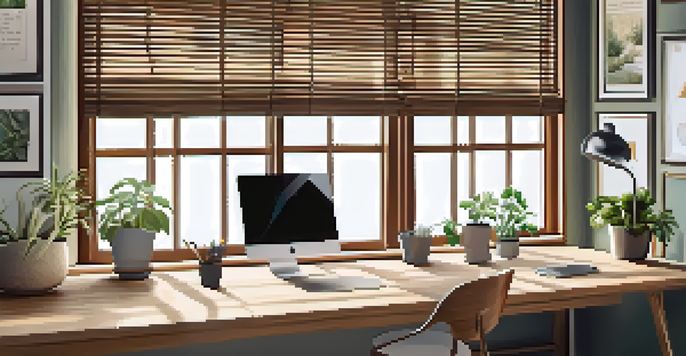 A peaceful home office with a wooden desk, laptop, plants, and sunlight coming through a window.