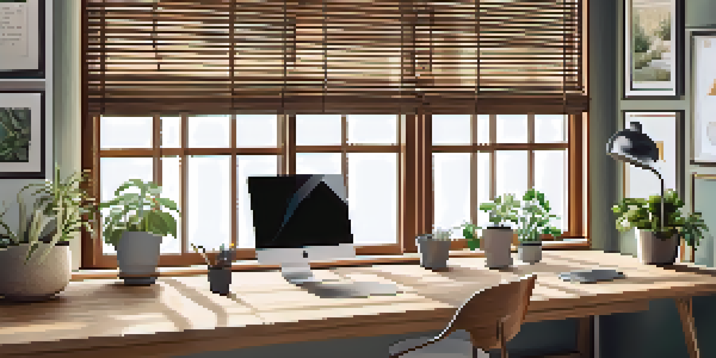 A peaceful home office with a wooden desk, laptop, plants, and sunlight coming through a window.