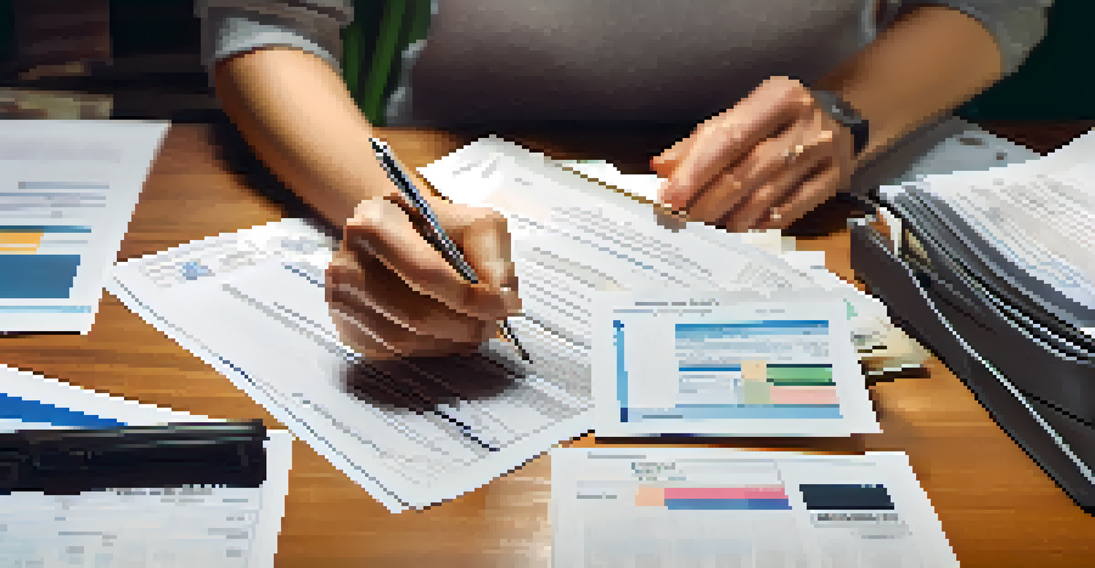 A close-up of hands organizing tax documents on a table, with a smartphone displaying a tax app.