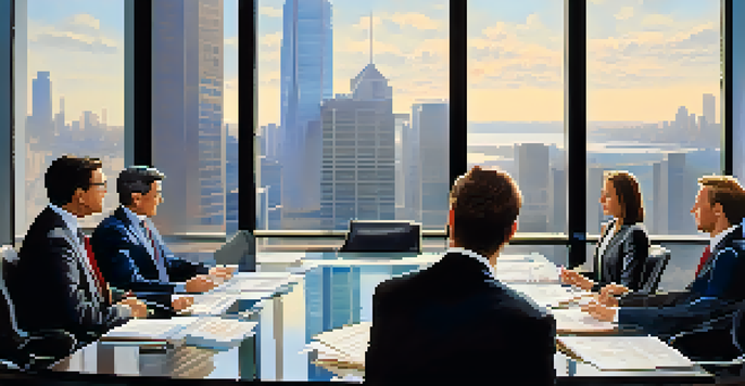 A diverse group of professionals discussing financial documents in a corporate office conference room, with a city skyline visible through large windows.
