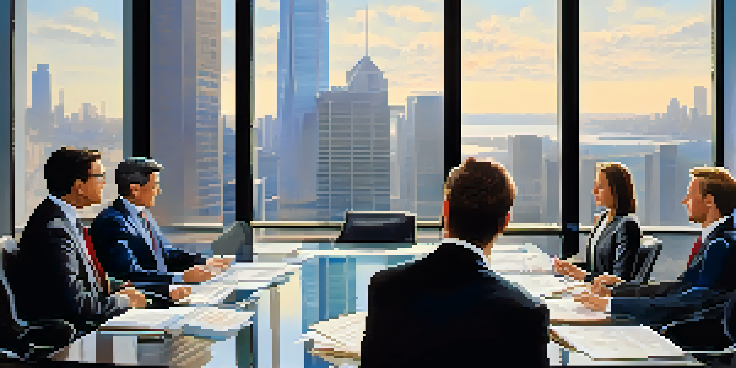 A diverse group of professionals discussing financial documents in a corporate office conference room, with a city skyline visible through large windows.